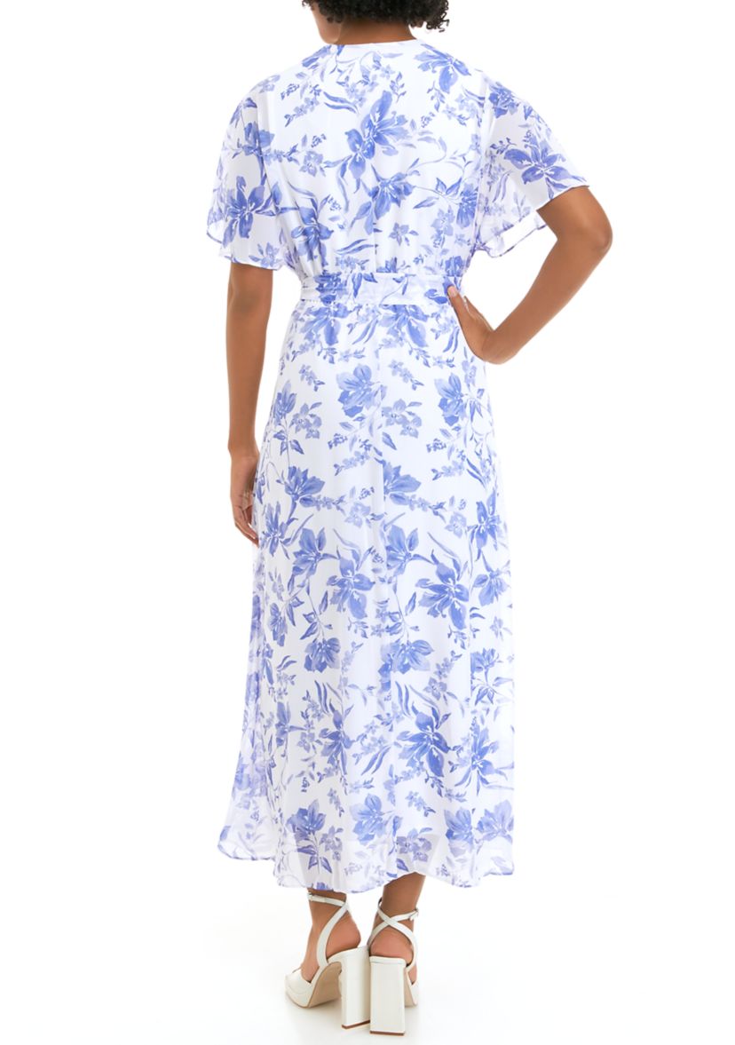 Womens Short Sleeve Surplice Floral Printed Chiffon Midi Dress