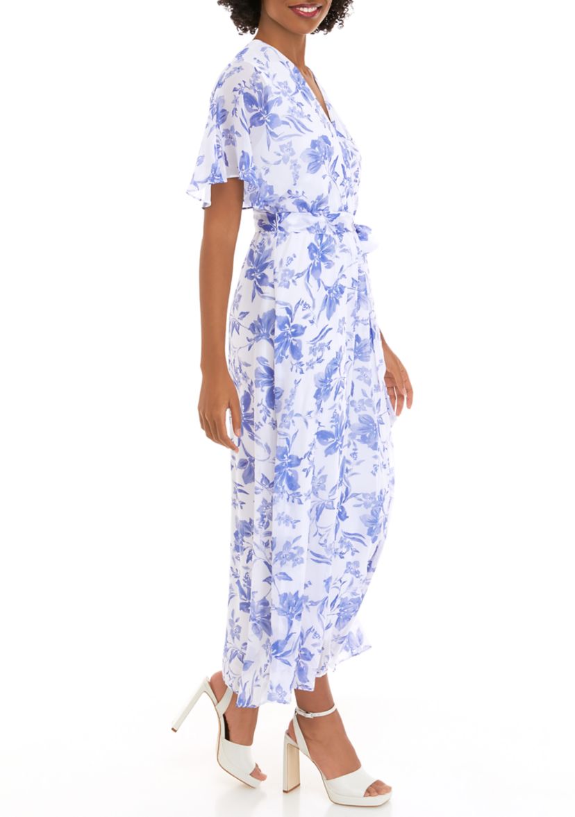 Womens Short Sleeve Surplice Floral Printed Chiffon Midi Dress