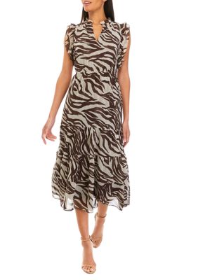 Women's Short Ruffle Sleeve V-Neck Zebra Print Midi Dress