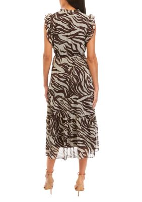 Women's Short Ruffle Sleeve V-Neck Zebra Print Midi Dress