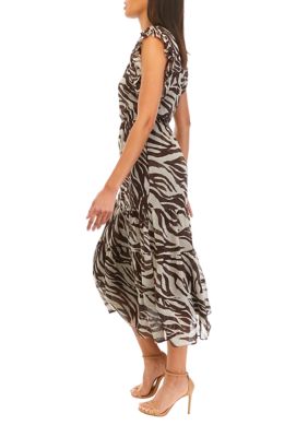 Women's Short Ruffle Sleeve V-Neck Zebra Print Midi Dress