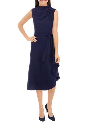 Women's Sleeveless Solid Scuba Crepe Drape Neck Fit and Flare Dress