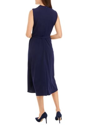 Women's Sleeveless Solid Scuba Crepe Drape Neck Fit and Flare Dress