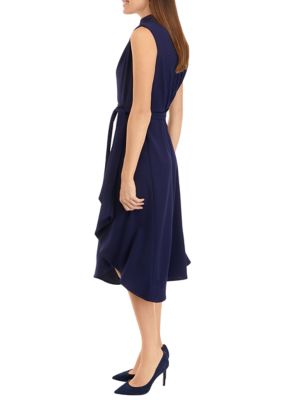 Women's Sleeveless Solid Scuba Crepe Drape Neck Fit and Flare Dress