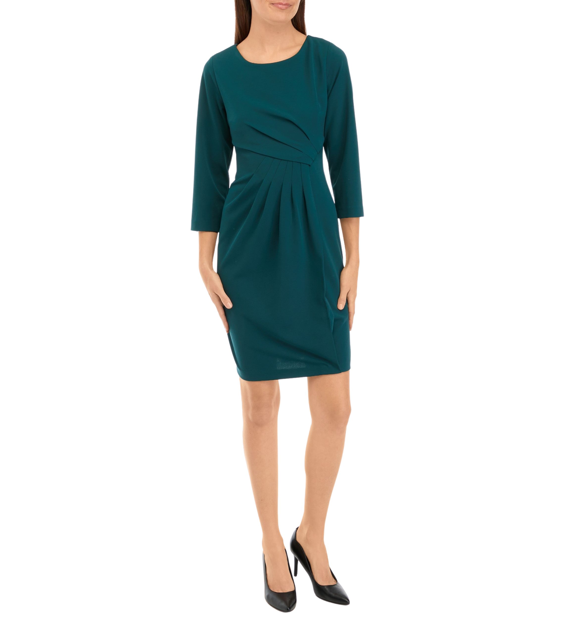 Womens 3/4 Sleeve Side Drape Solid Scuba Crepe Sheath Dress