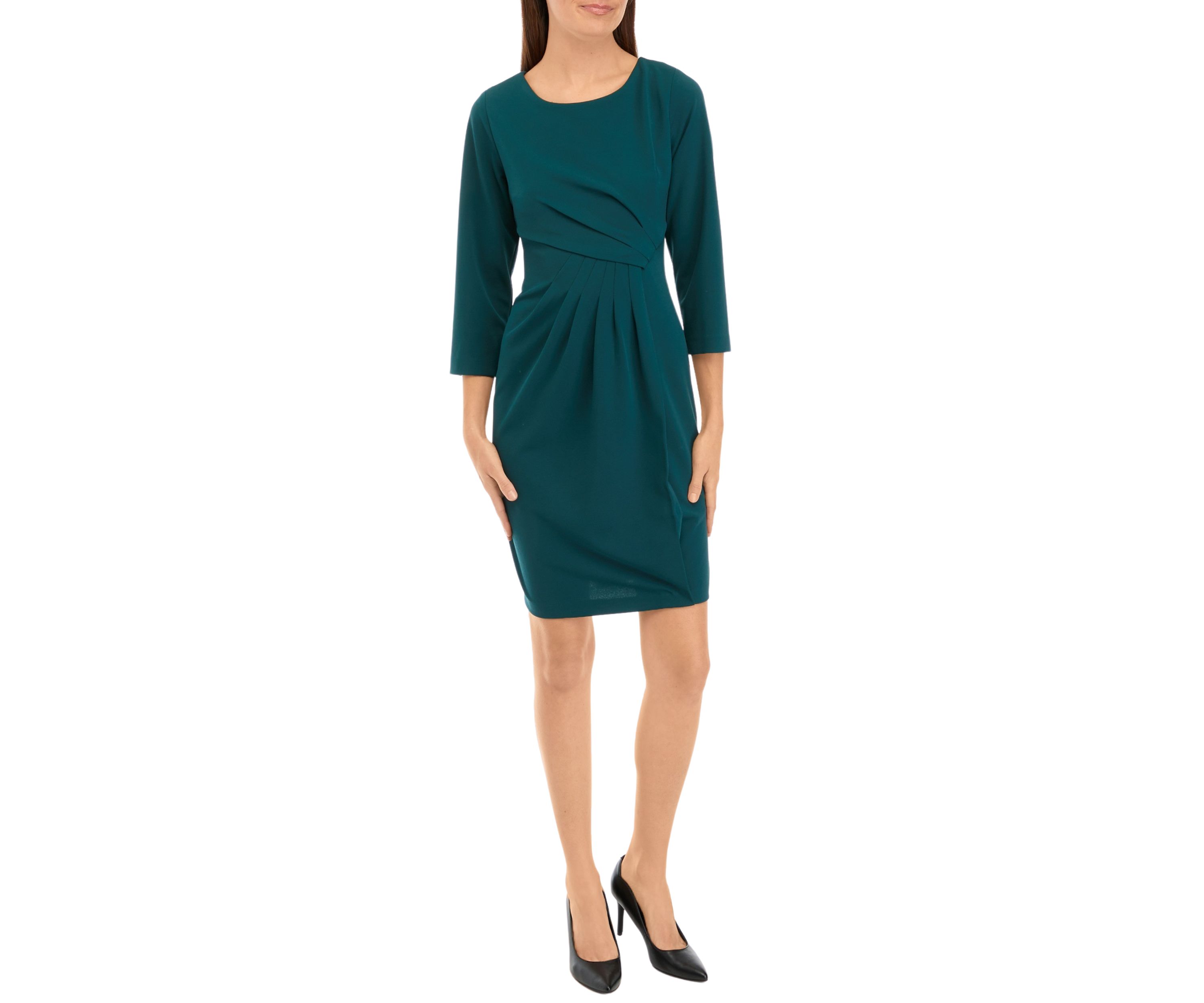 Womens 3/4 Sleeve Side Drape Solid Scuba Crepe Sheath Dress