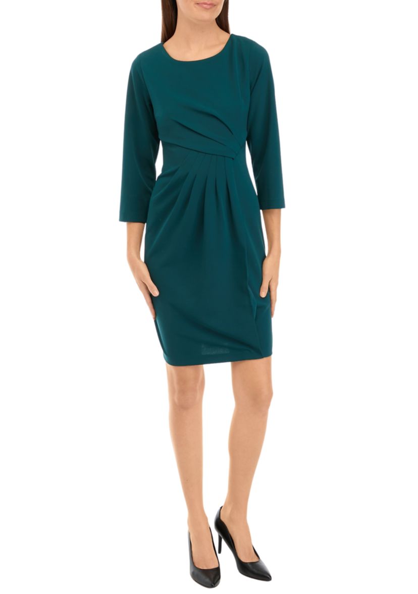 Womens 3/4 Sleeve Side Drape Solid Scuba Crepe Sheath Dress