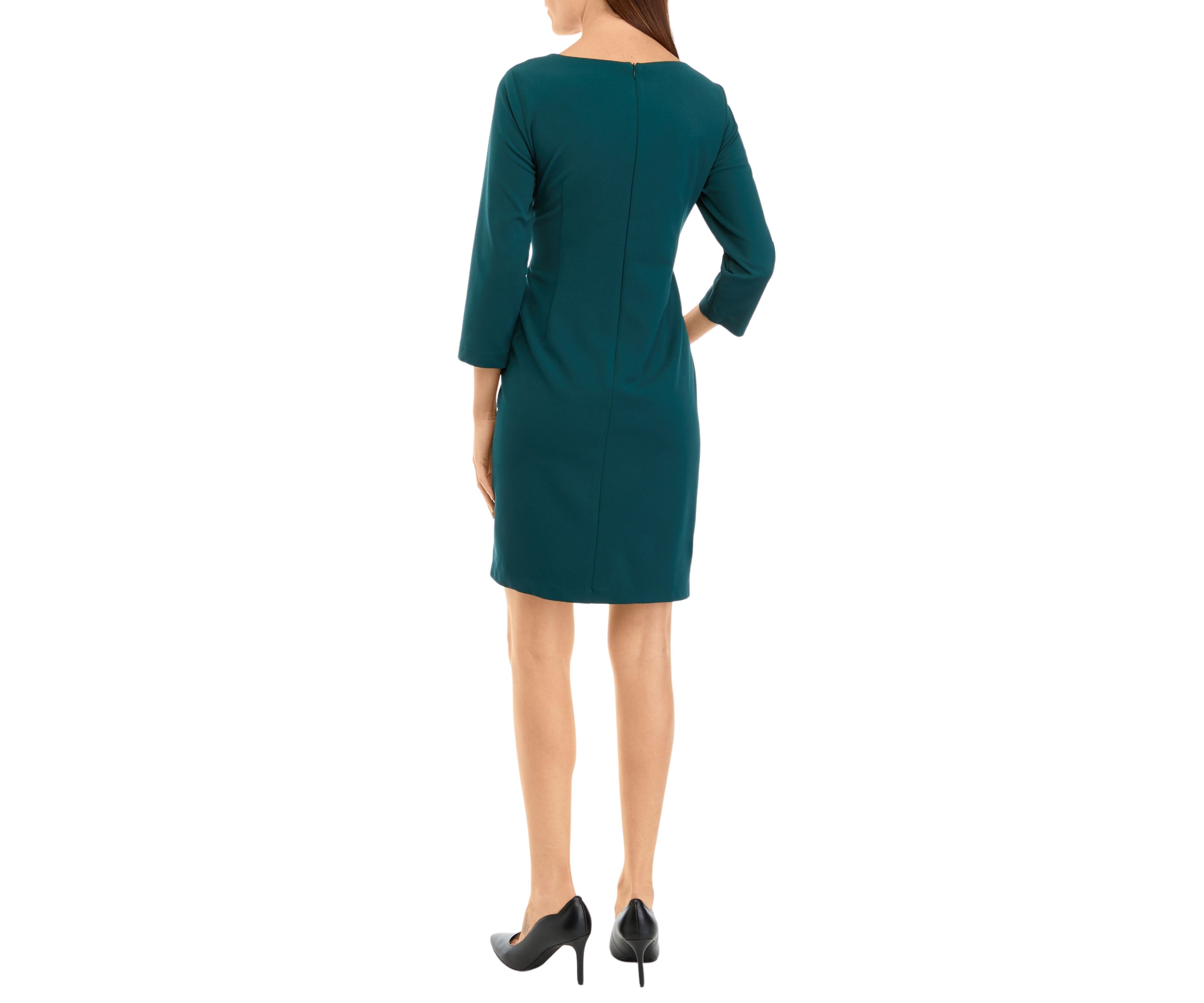 Womens 3/4 Sleeve Side Drape Solid Scuba Crepe Sheath Dress