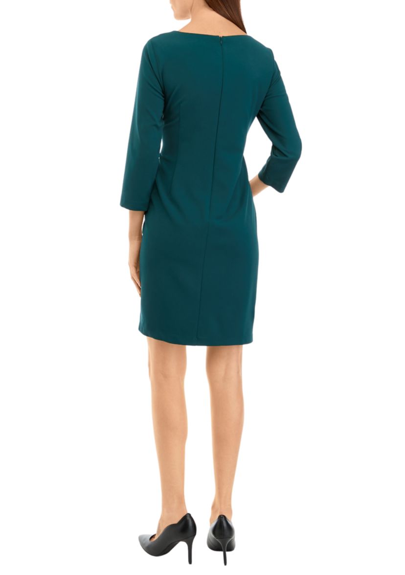 Womens 3/4 Sleeve Side Drape Solid Scuba Crepe Sheath Dress