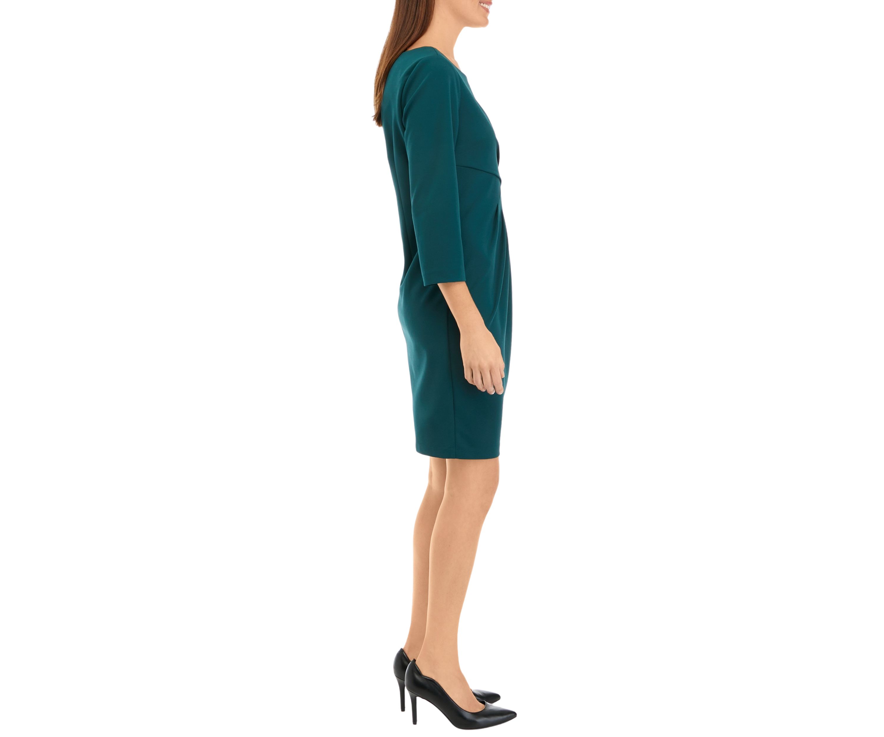 Womens 3/4 Sleeve Side Drape Solid Scuba Crepe Sheath Dress