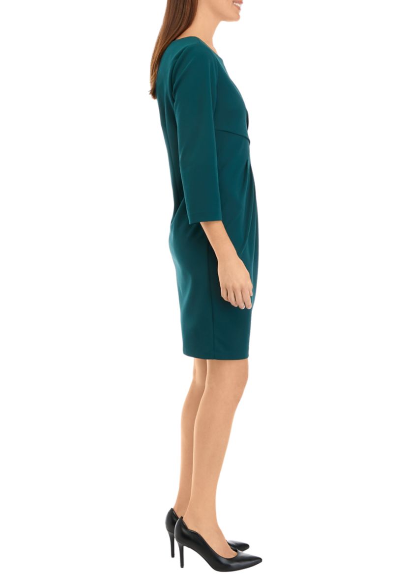 Womens 3/4 Sleeve Side Drape Solid Scuba Crepe Sheath Dress