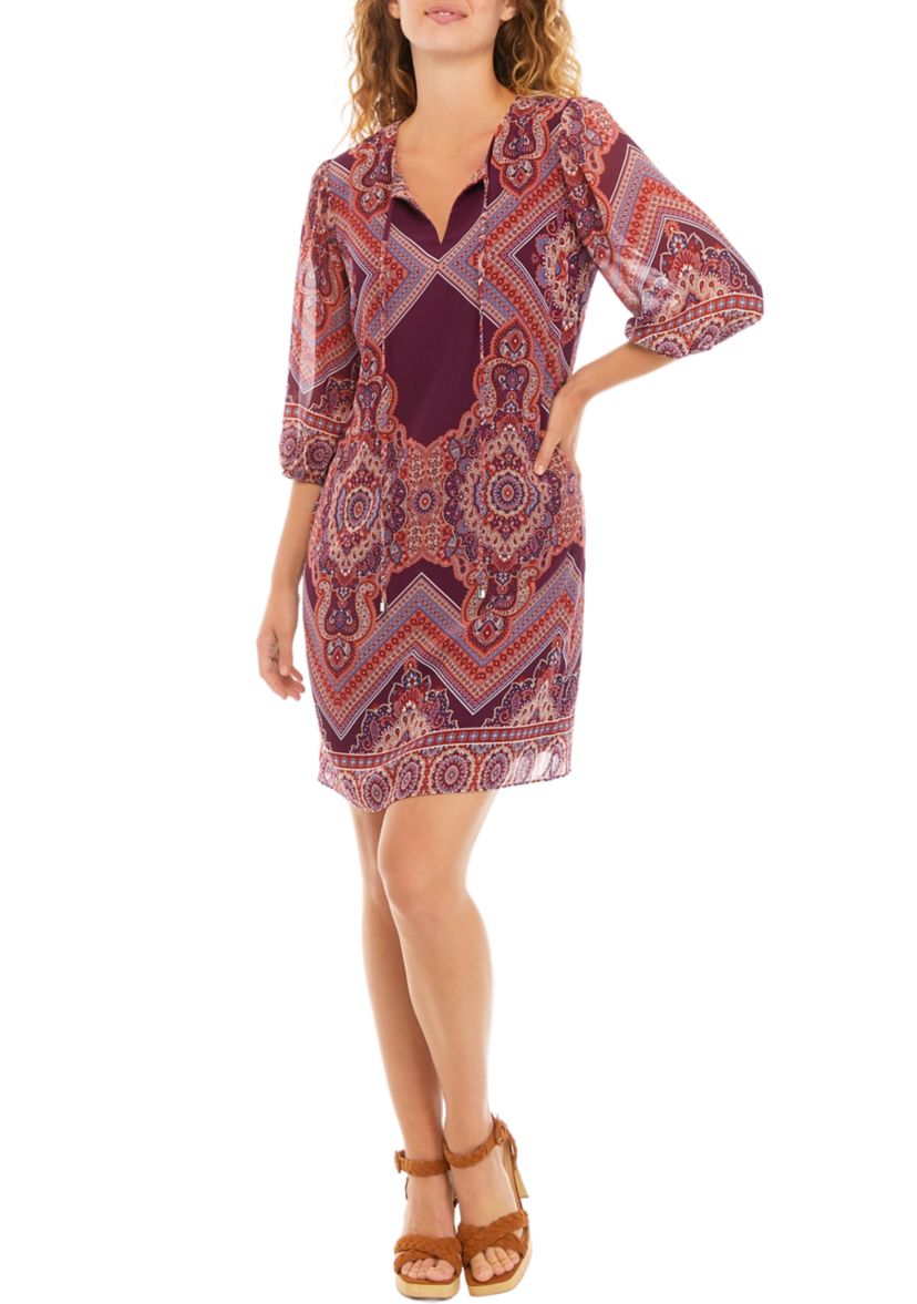 Womens 3/4 Sleeve Abstract Print Split Neck A-Line Dress