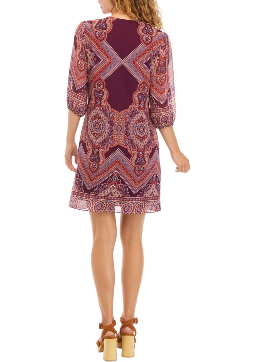 Womens 3/4 Sleeve Abstract Print Split Neck A-Line Dress
