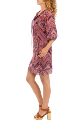 Women's 3/4 Sleeve Abstract Print Split Neck A-Line Dress