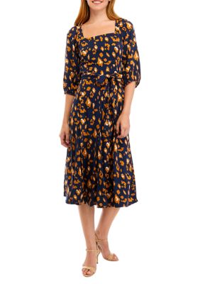 Women's Elbow Sleeve Square Neck Printed Tie Waist Midi Dress