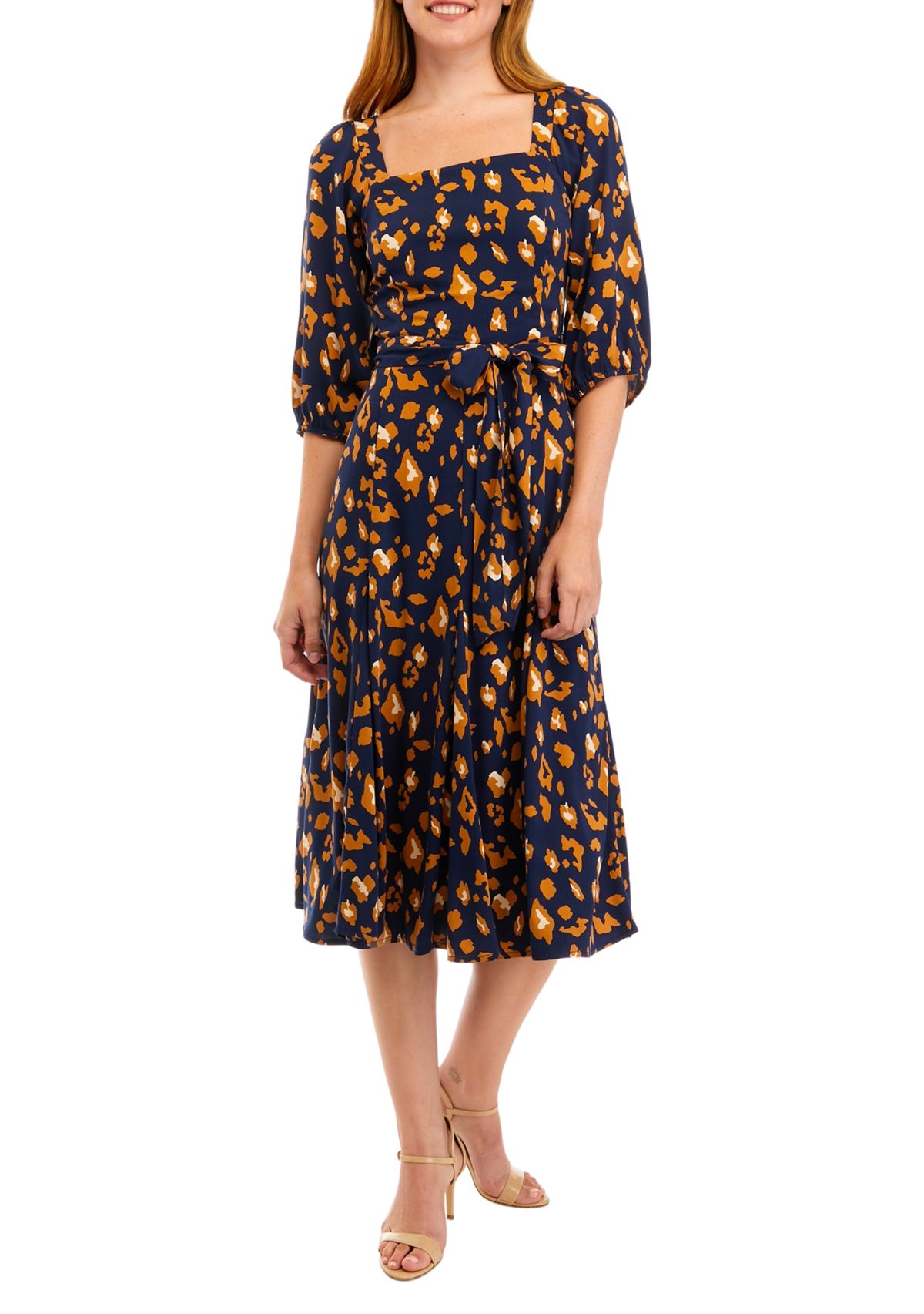 Womens Elbow Sleeve Square Neck Printed Tie Waist Midi Dress