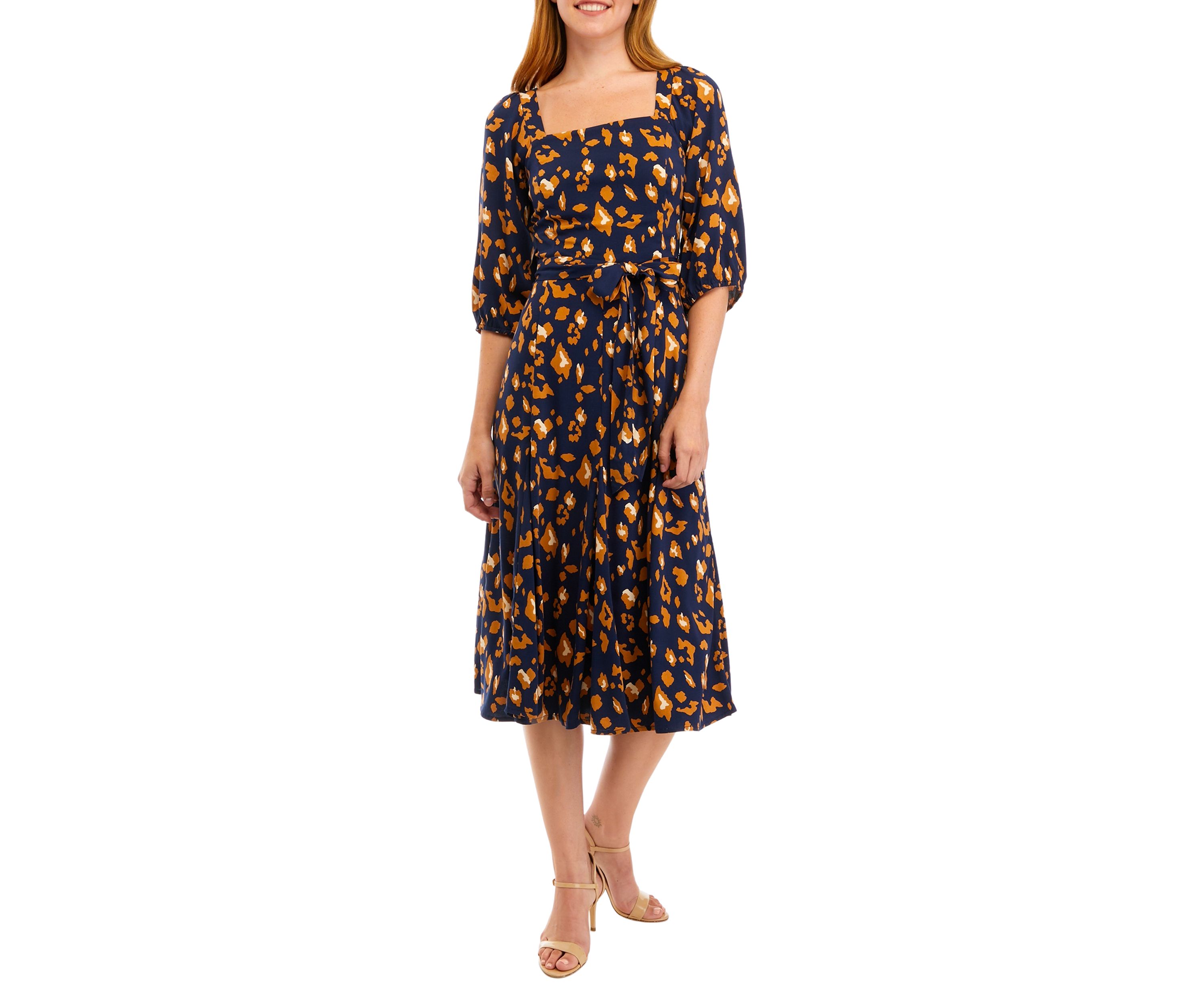 Womens Elbow Sleeve Square Neck Printed Tie Waist Midi Dress