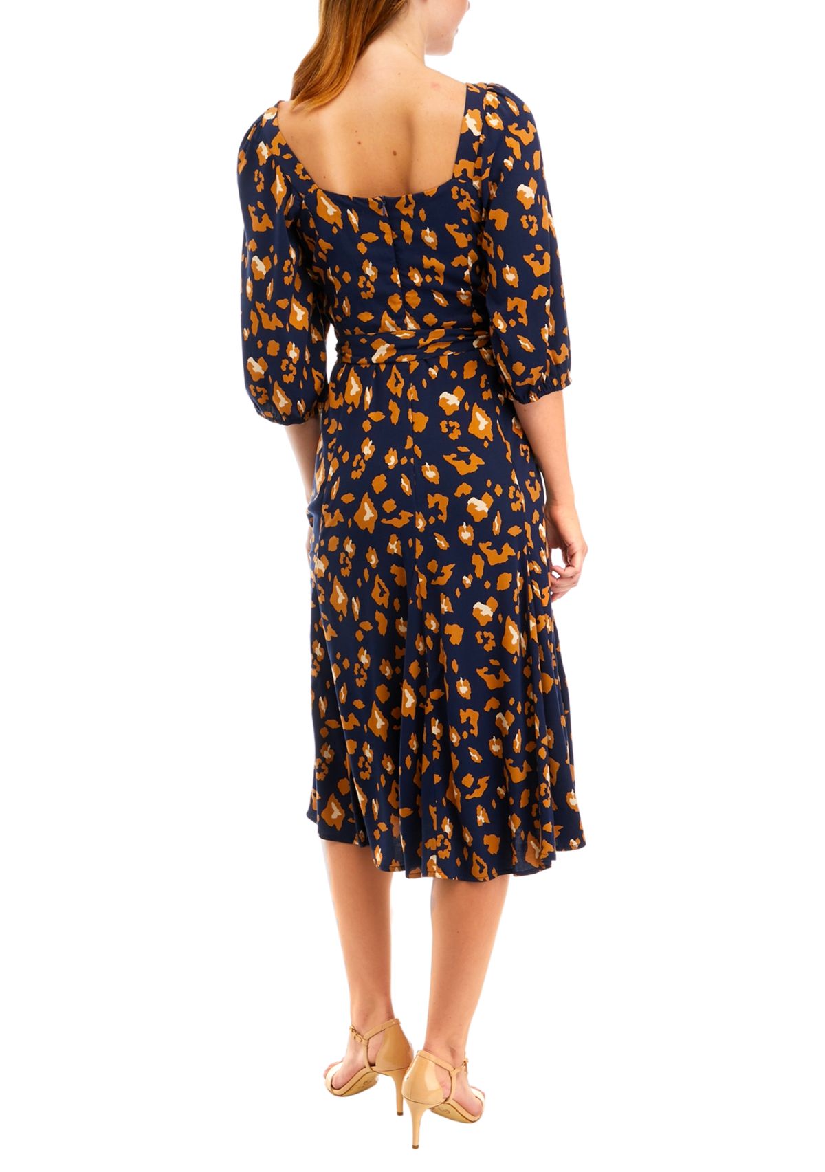 Womens Elbow Sleeve Square Neck Printed Tie Waist Midi Dress