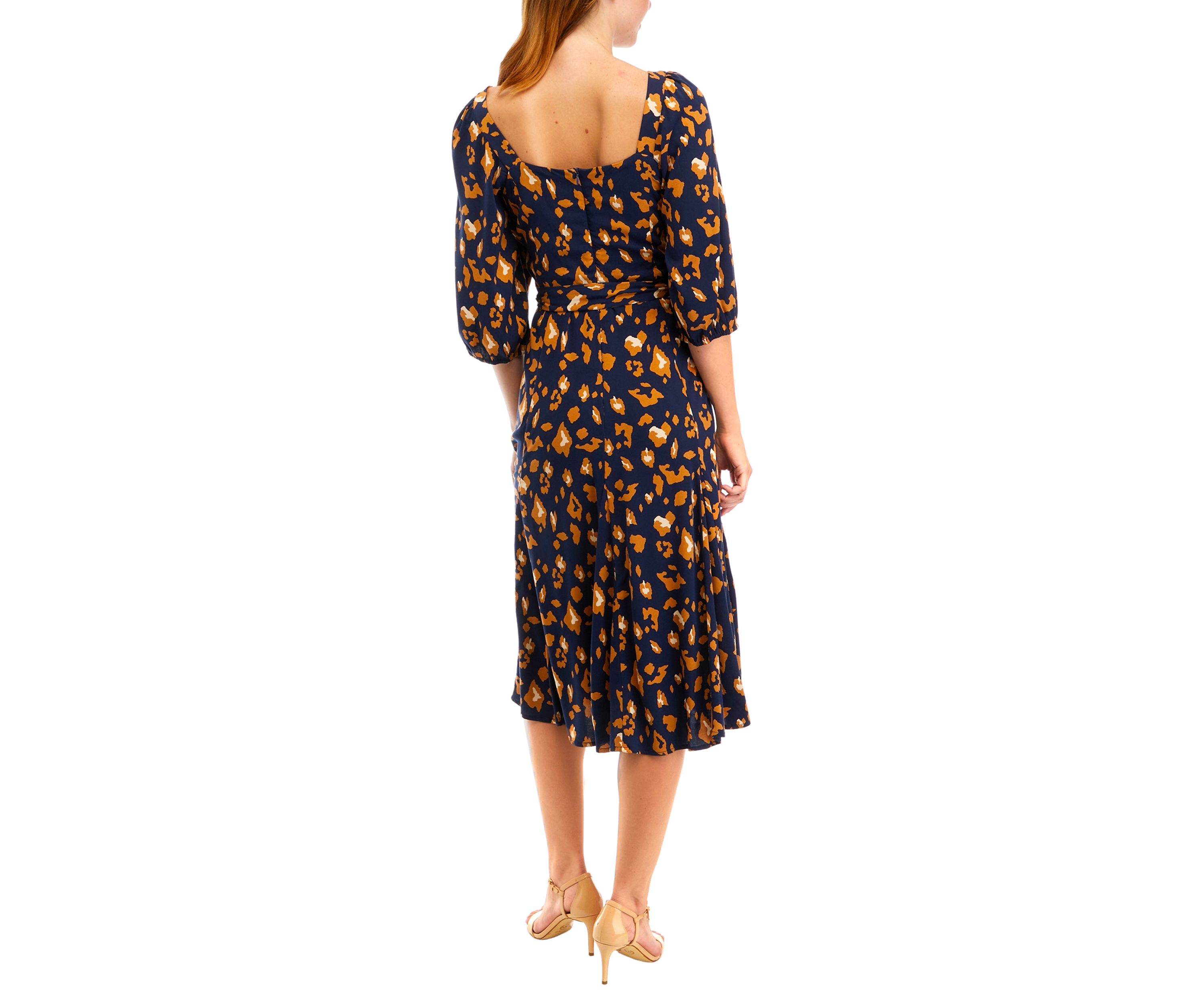 Womens Elbow Sleeve Square Neck Printed Tie Waist Midi Dress