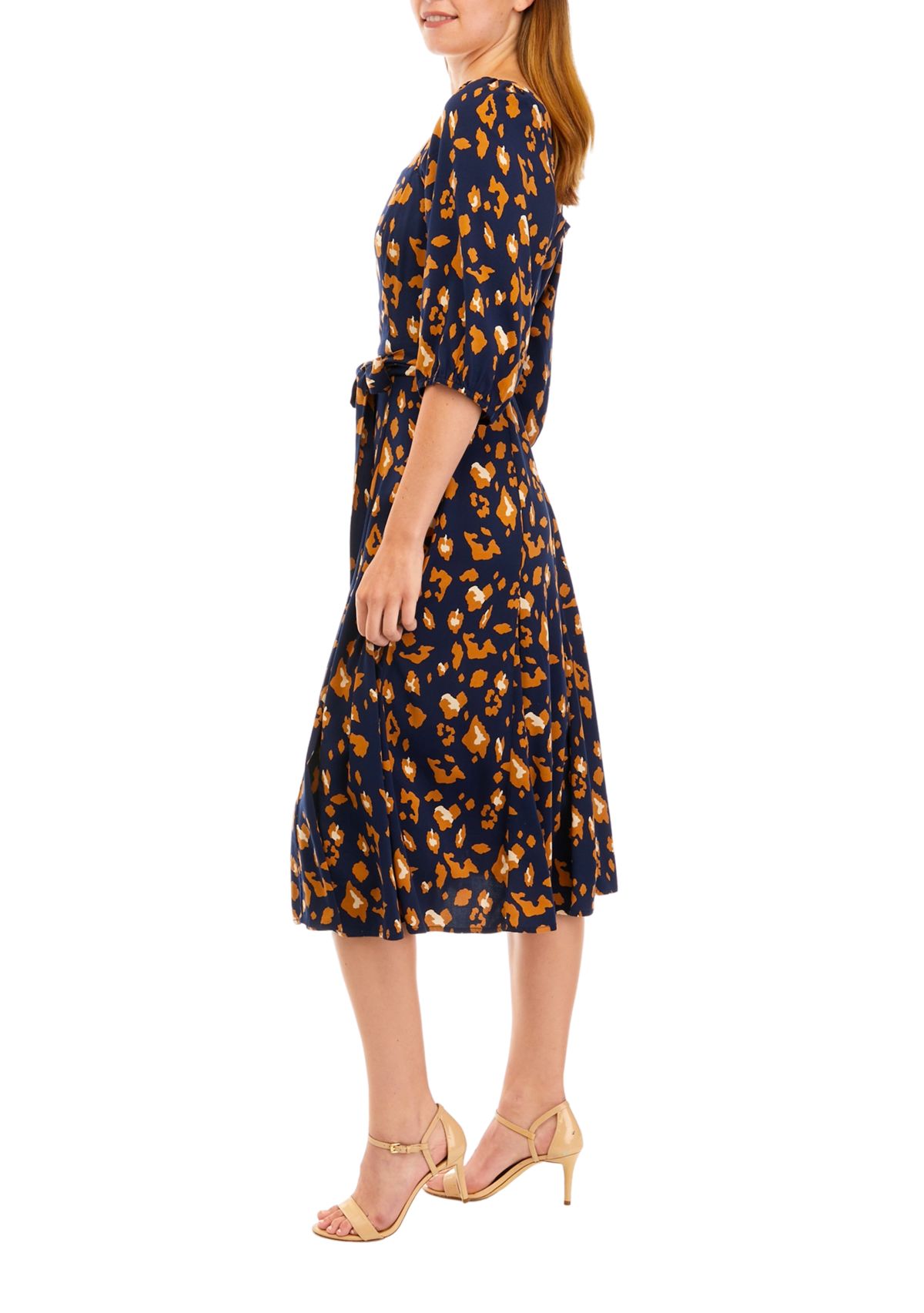 Womens Elbow Sleeve Square Neck Printed Tie Waist Midi Dress