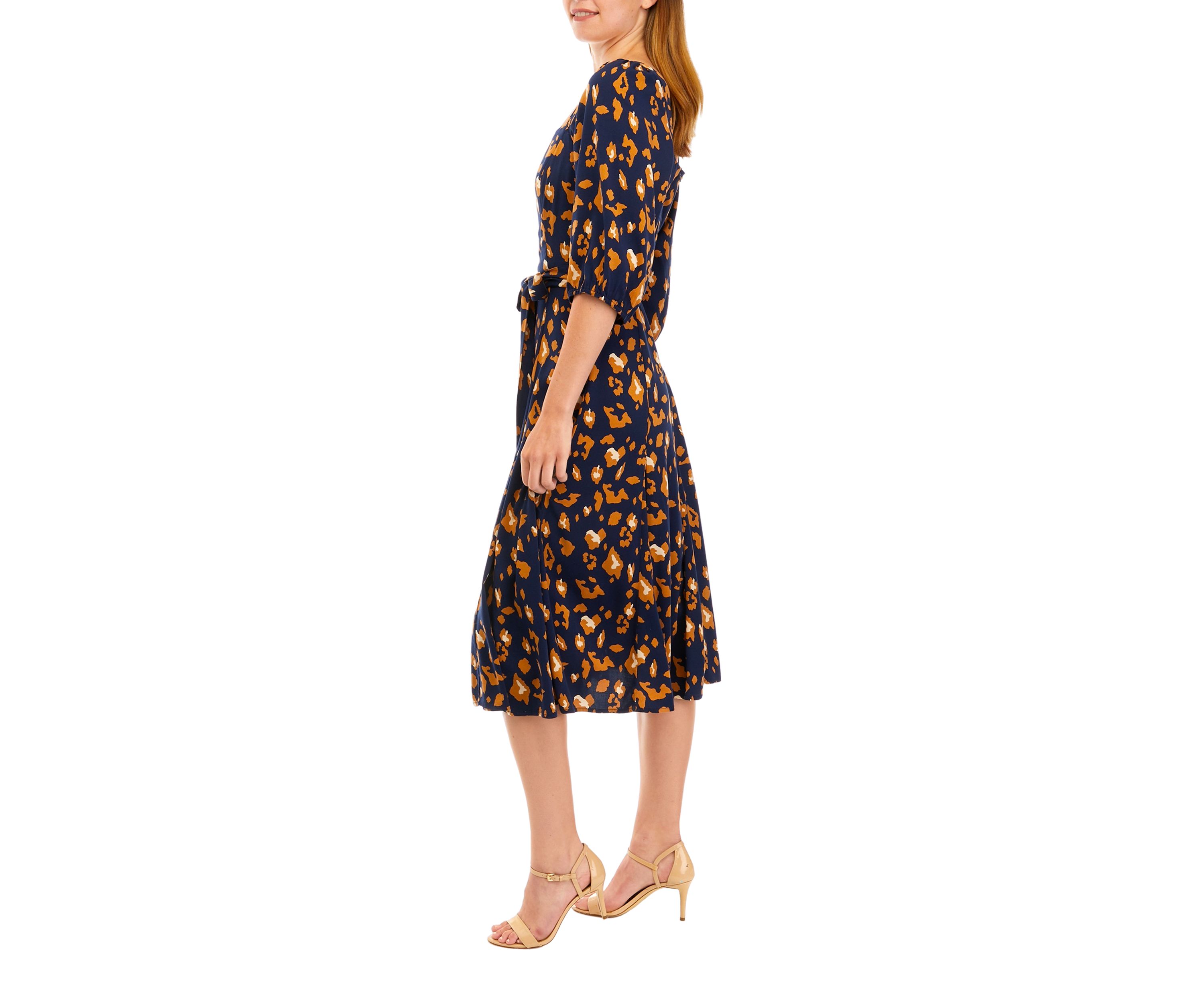 Womens Elbow Sleeve Square Neck Printed Tie Waist Midi Dress
