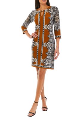 Women's 3/4 Sleeve Border Print Dress