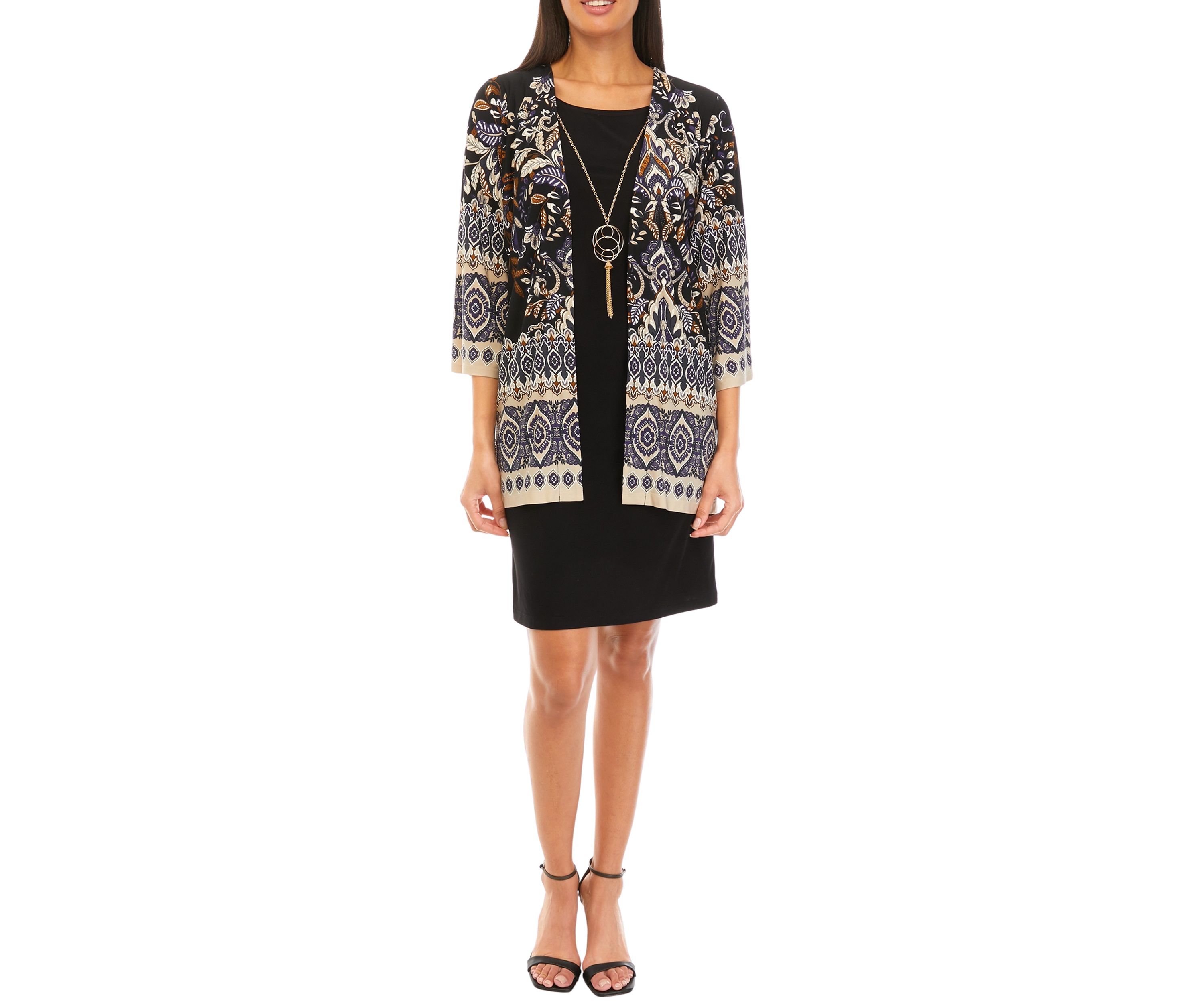 Womens 3/4 Sleeve Printed A-Line Jacket Dress