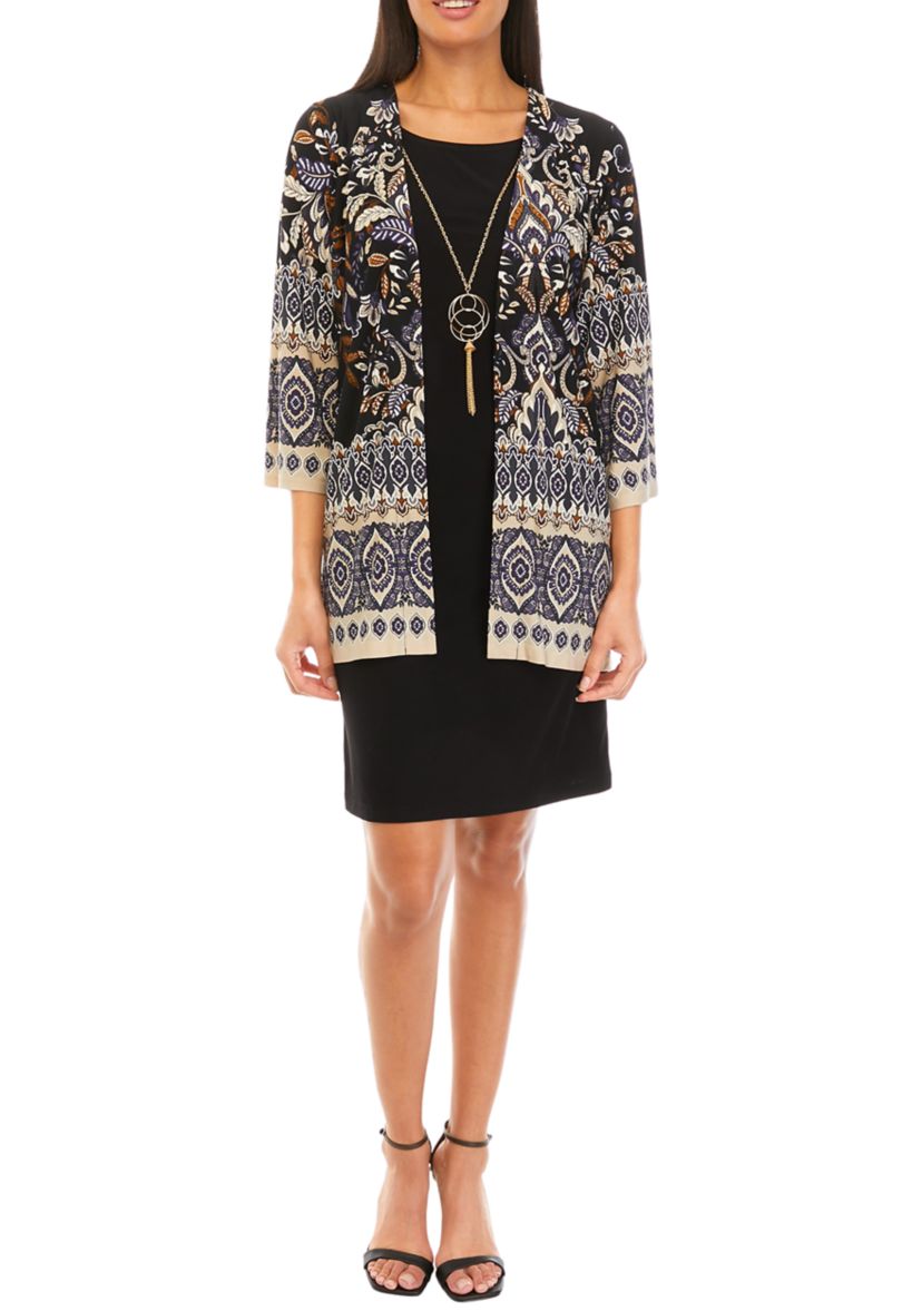 Womens 3/4 Sleeve Printed A-Line Jacket Dress