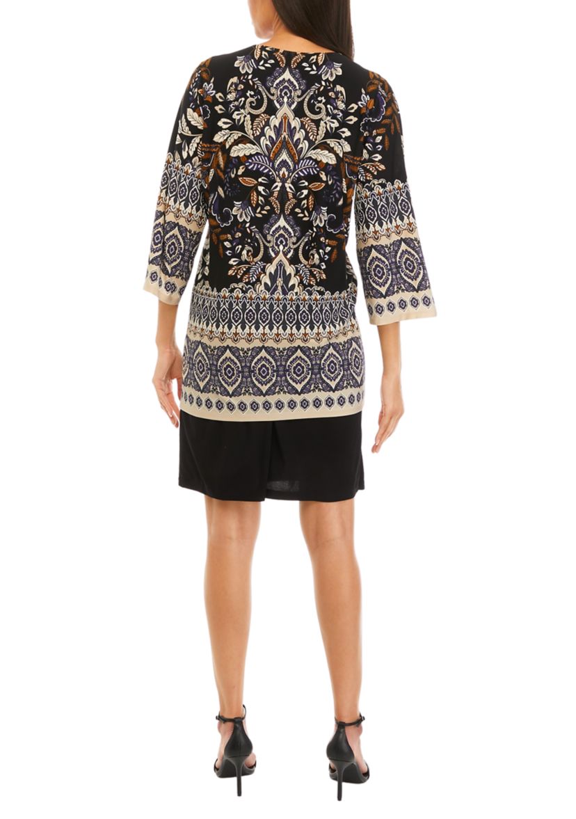 Womens 3/4 Sleeve Printed A-Line Jacket Dress