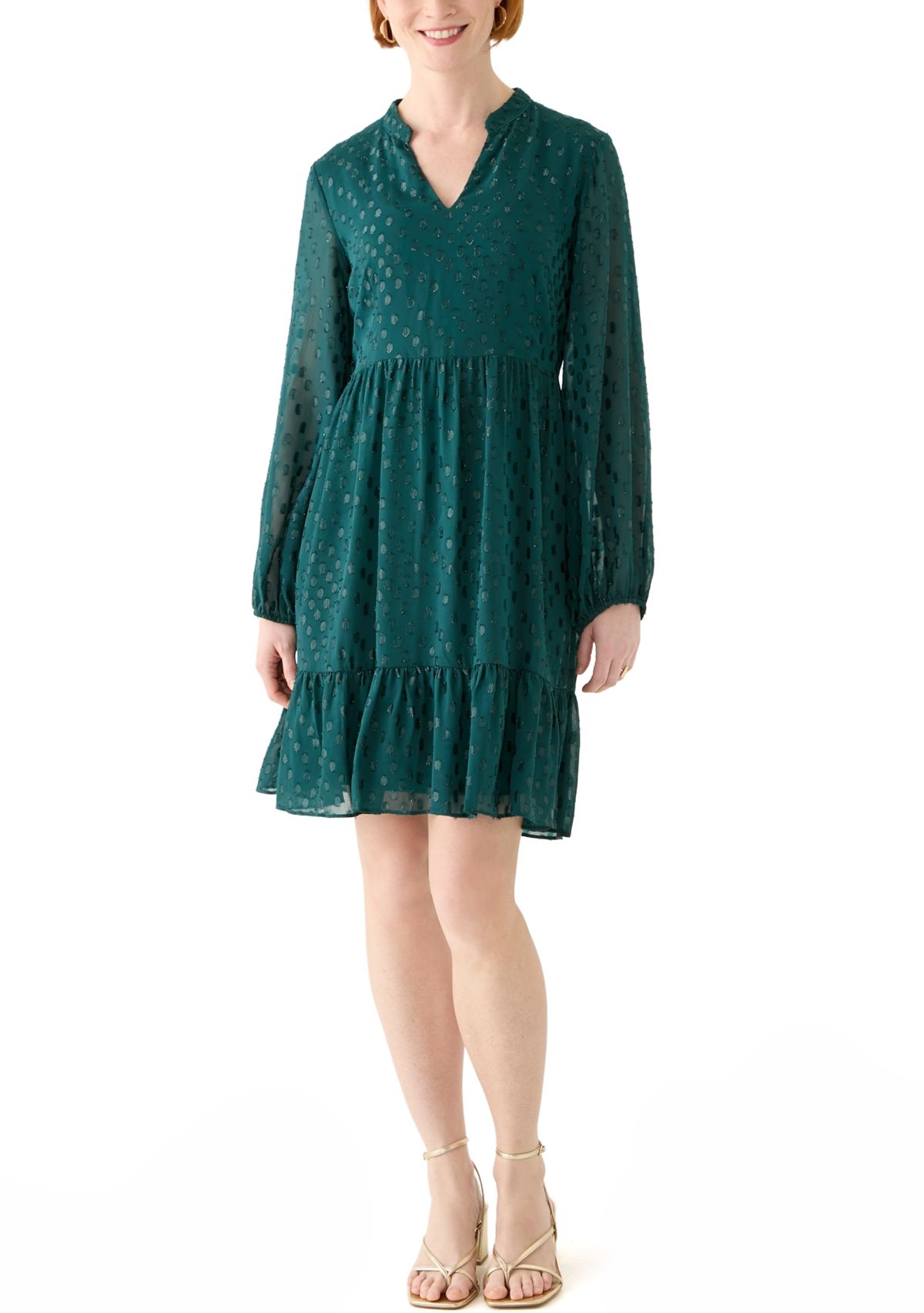 Womens Long Sleeve Foil Clip Dot Babydoll Chiffon Dress