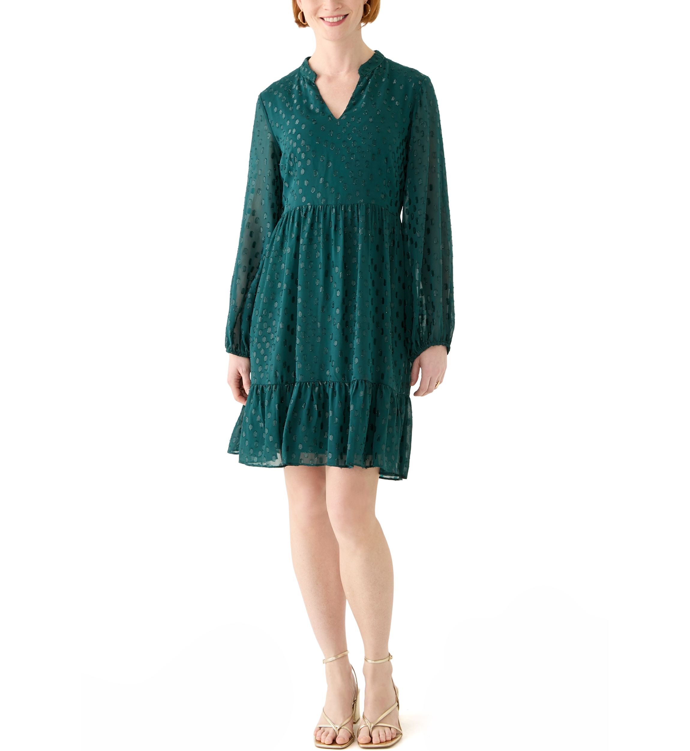 Womens Long Sleeve Foil Clip Dot Babydoll Chiffon Dress
