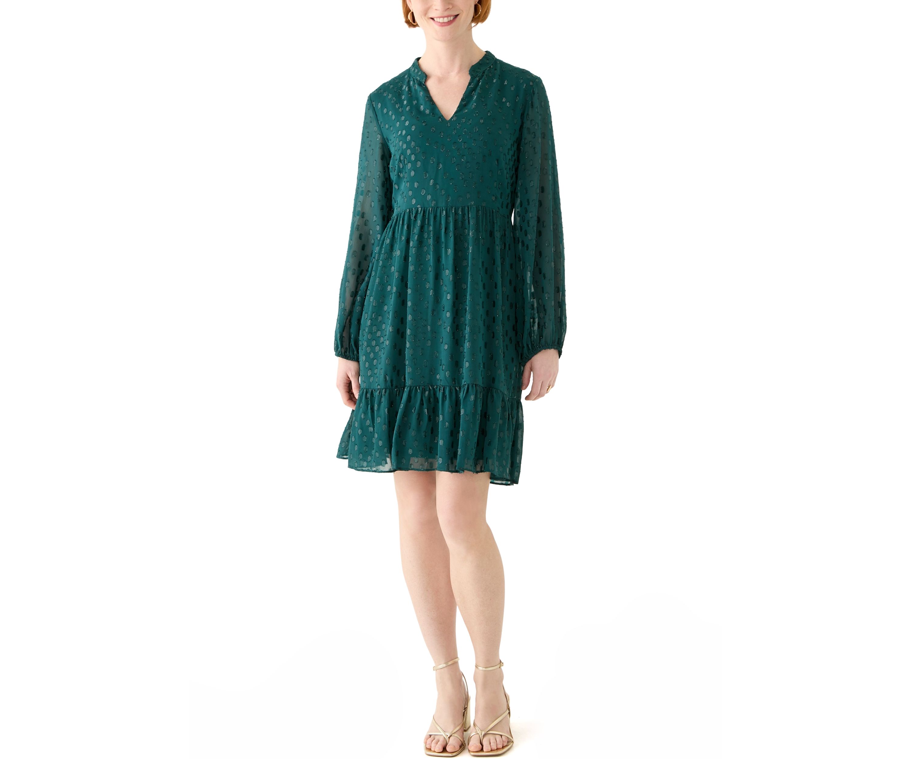 Womens Long Sleeve Foil Clip Dot Babydoll Chiffon Dress