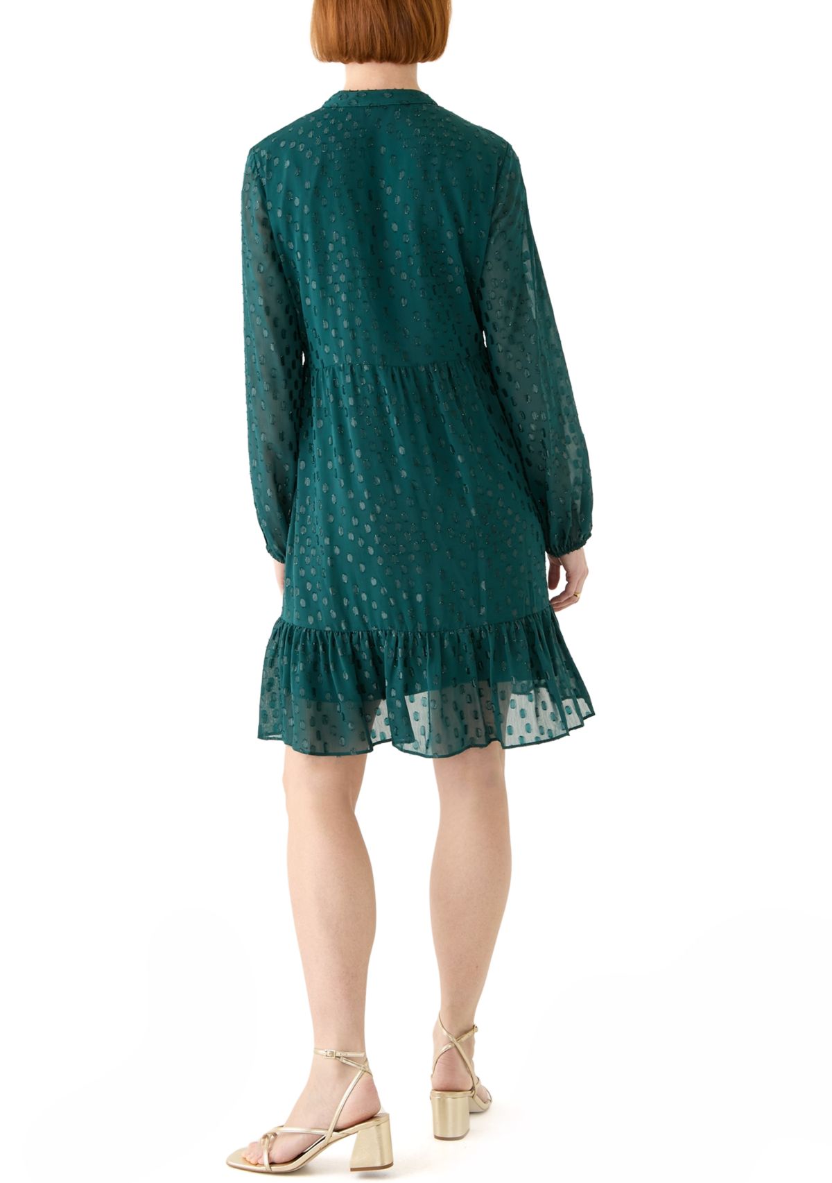 Womens Long Sleeve Foil Clip Dot Babydoll Chiffon Dress