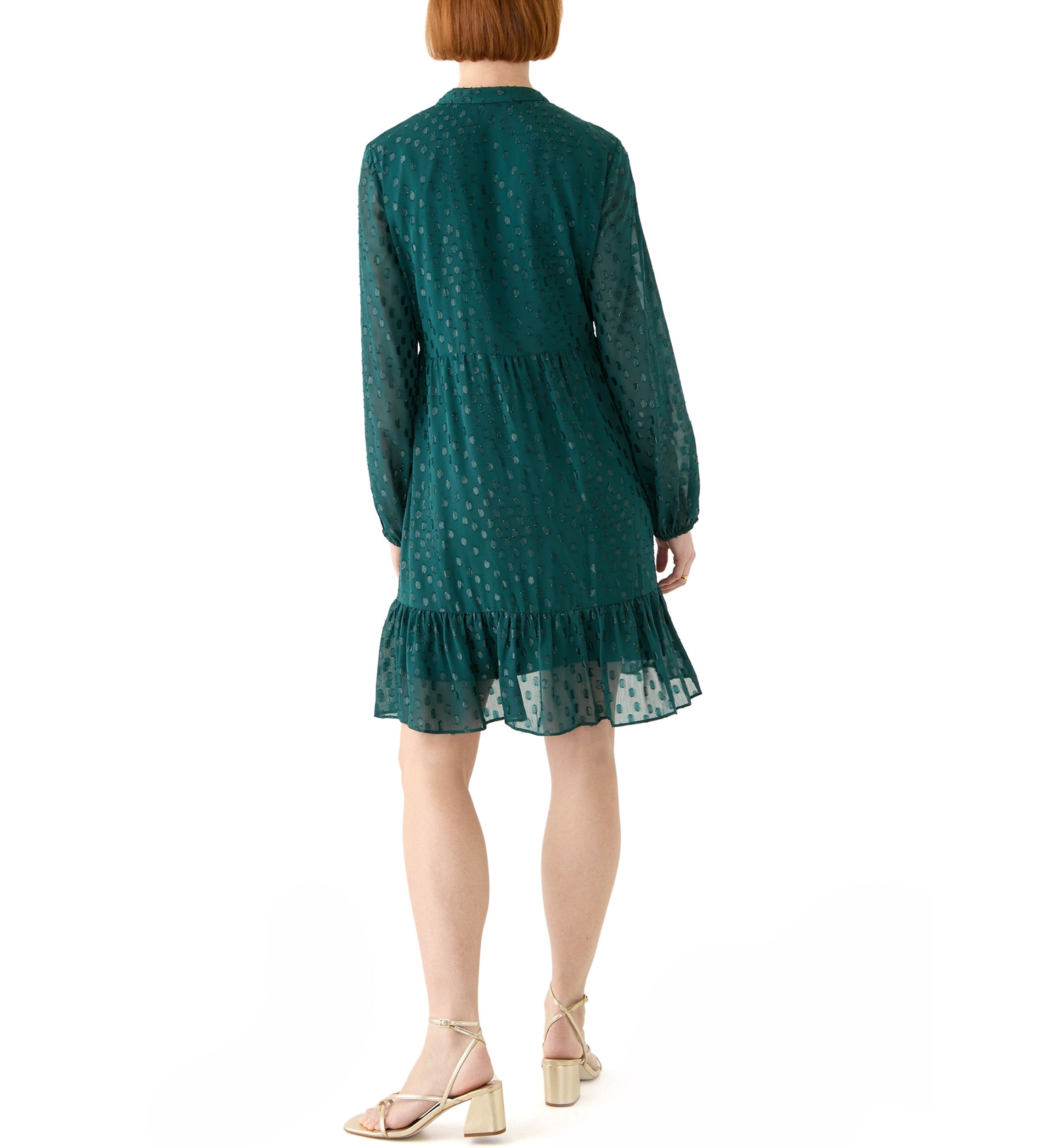 Womens Long Sleeve Foil Clip Dot Babydoll Chiffon Dress