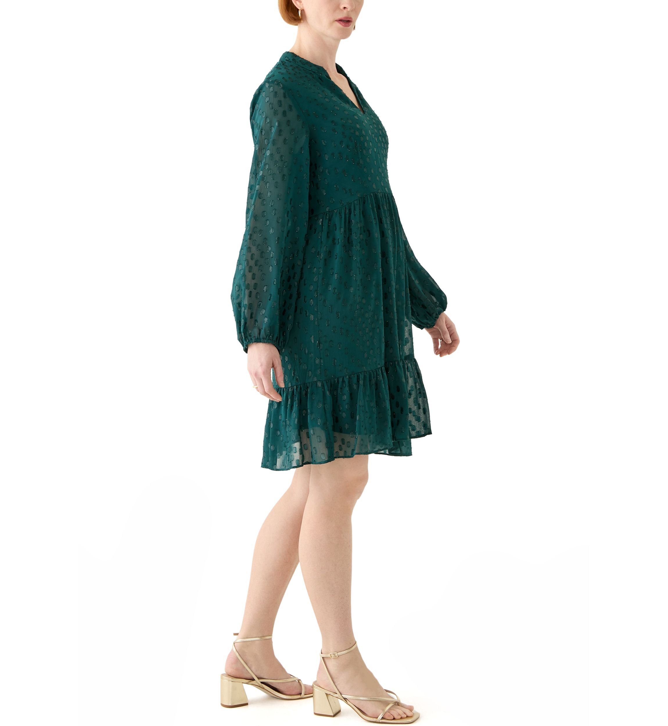 Womens Long Sleeve Foil Clip Dot Babydoll Chiffon Dress