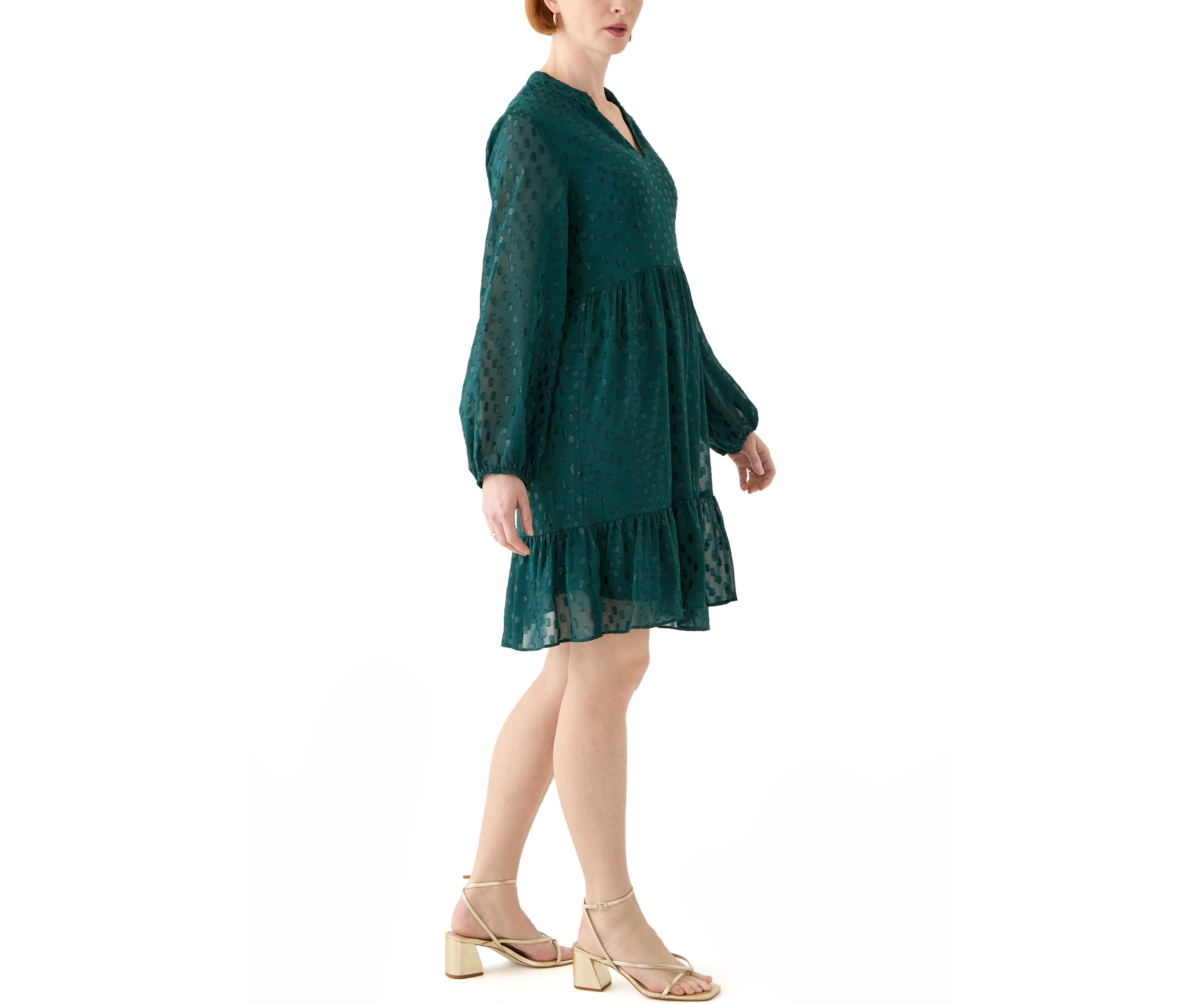 Womens Long Sleeve Foil Clip Dot Babydoll Chiffon Dress