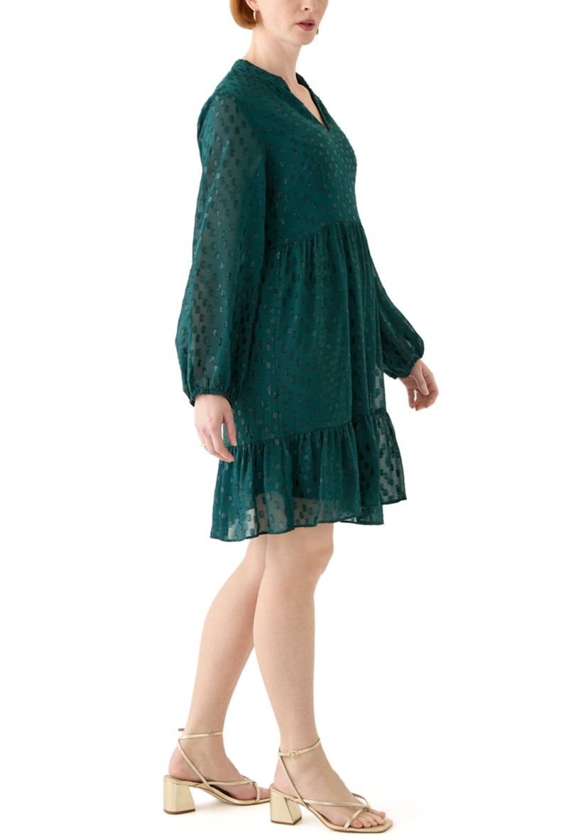Womens Long Sleeve Foil Clip Dot Babydoll Chiffon Dress