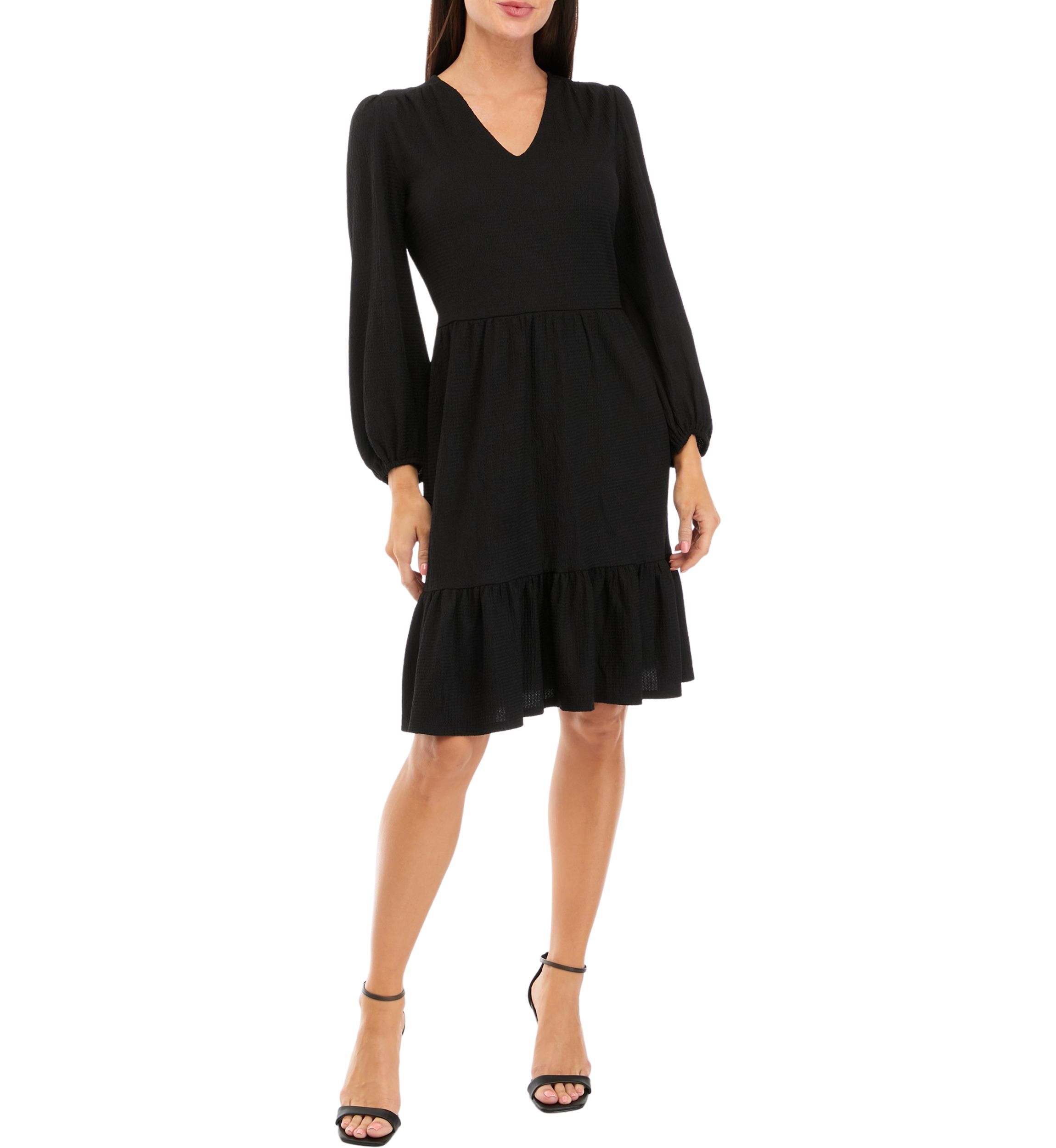 Womens Long Sleeve V-Neck Solid Crepe Dress