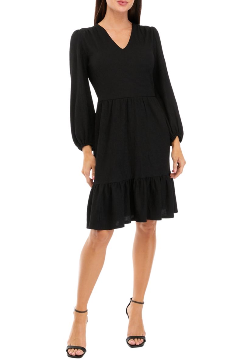 Womens Long Sleeve V-Neck Solid Crepe Dress