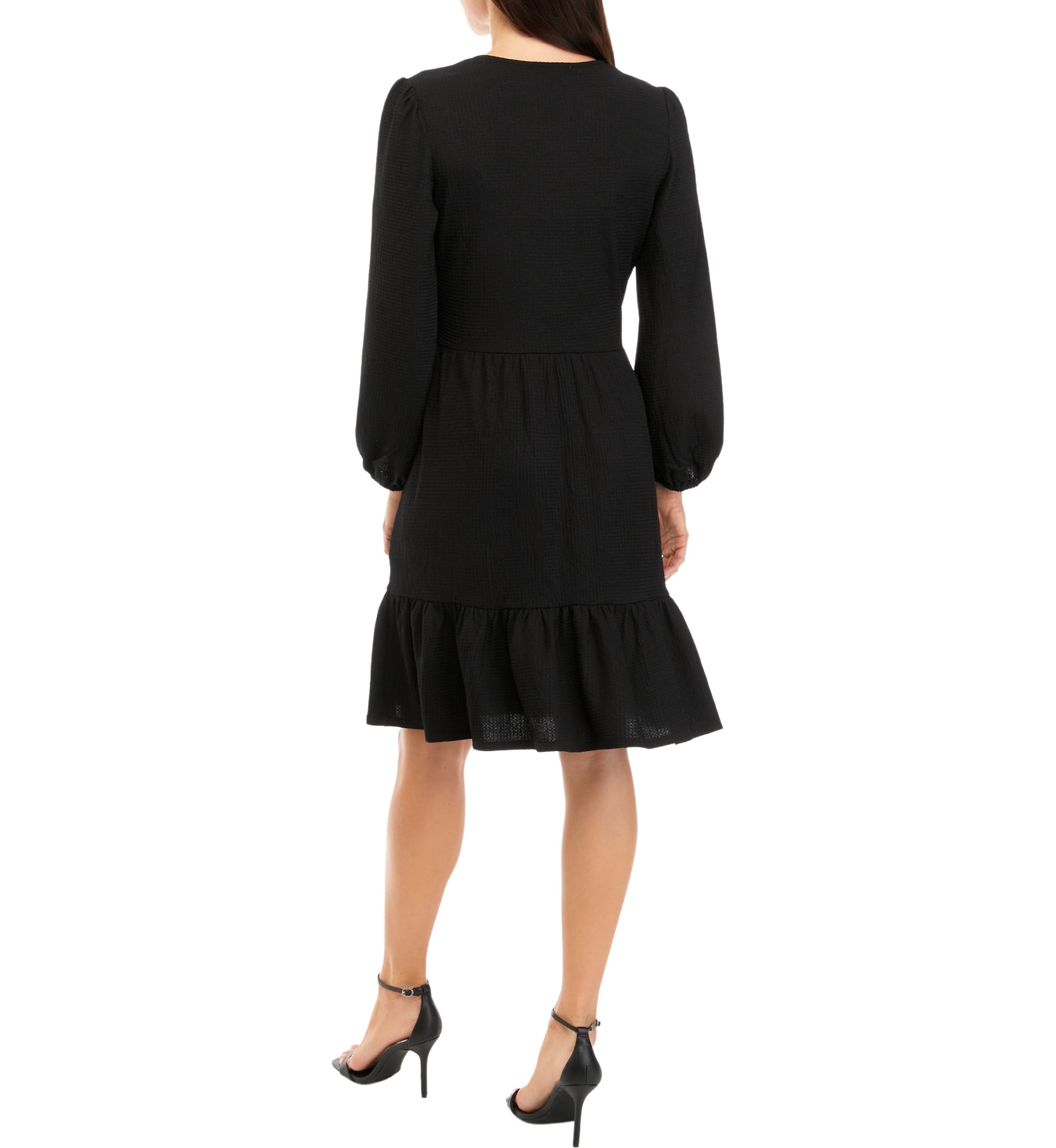 Womens Long Sleeve V-Neck Solid Crepe Dress