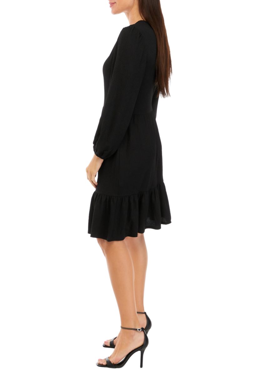 Womens Long Sleeve V-Neck Solid Crepe Dress