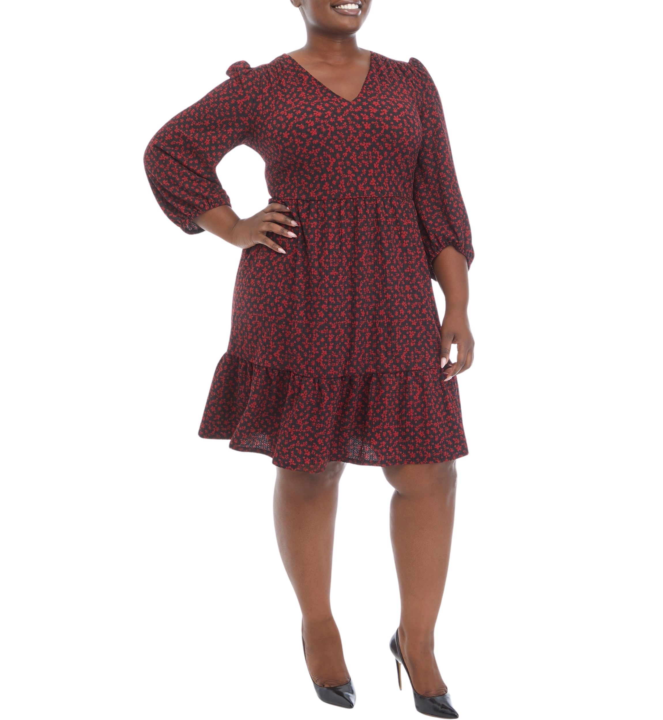 Plus Size 3/4 Sleeve V-Neck Floral Print Bubble Crepe Dress