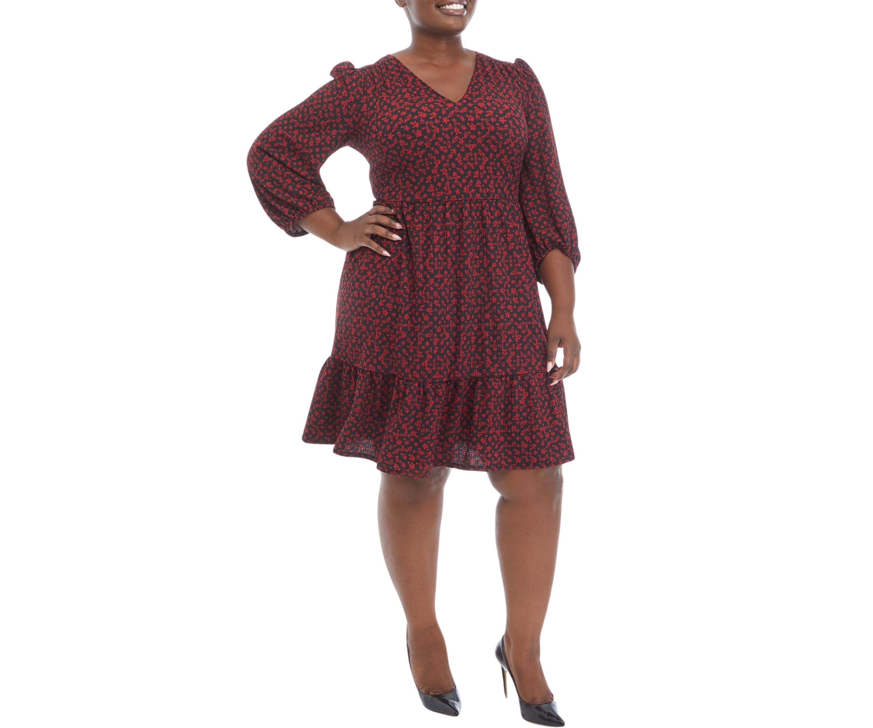 Plus Size 3/4 Sleeve V-Neck Floral Print Bubble Crepe Dress