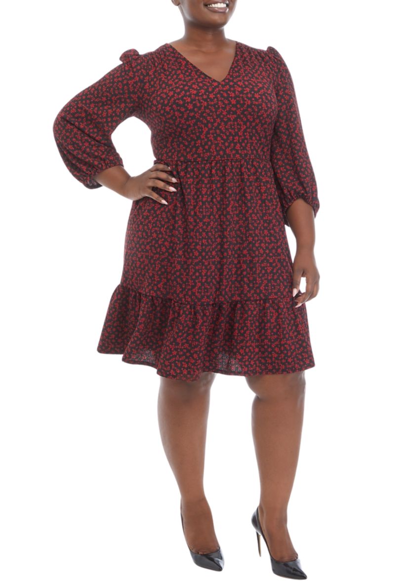Plus Size 3/4 Sleeve V-Neck Floral Print Bubble Crepe Dress