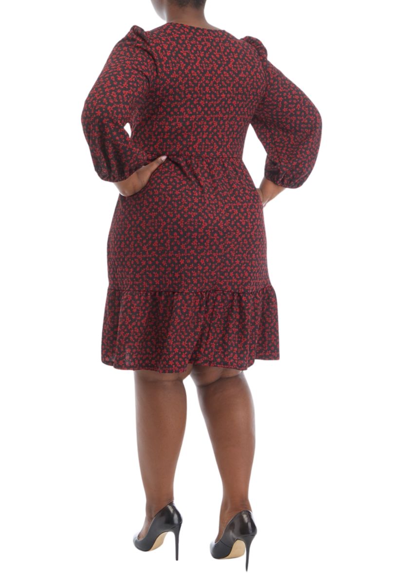 Plus Size 3/4 Sleeve V-Neck Floral Print Bubble Crepe Dress