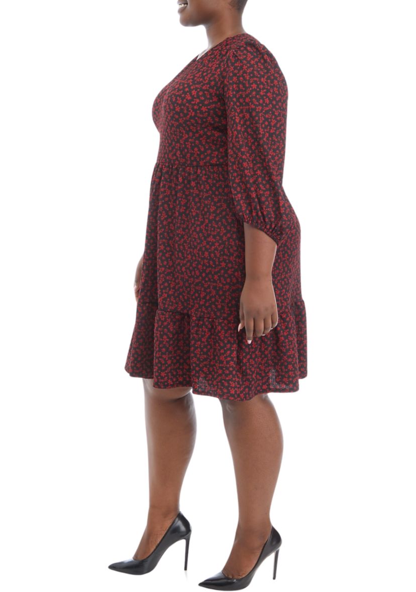 Plus Size 3/4 Sleeve V-Neck Floral Print Bubble Crepe Dress