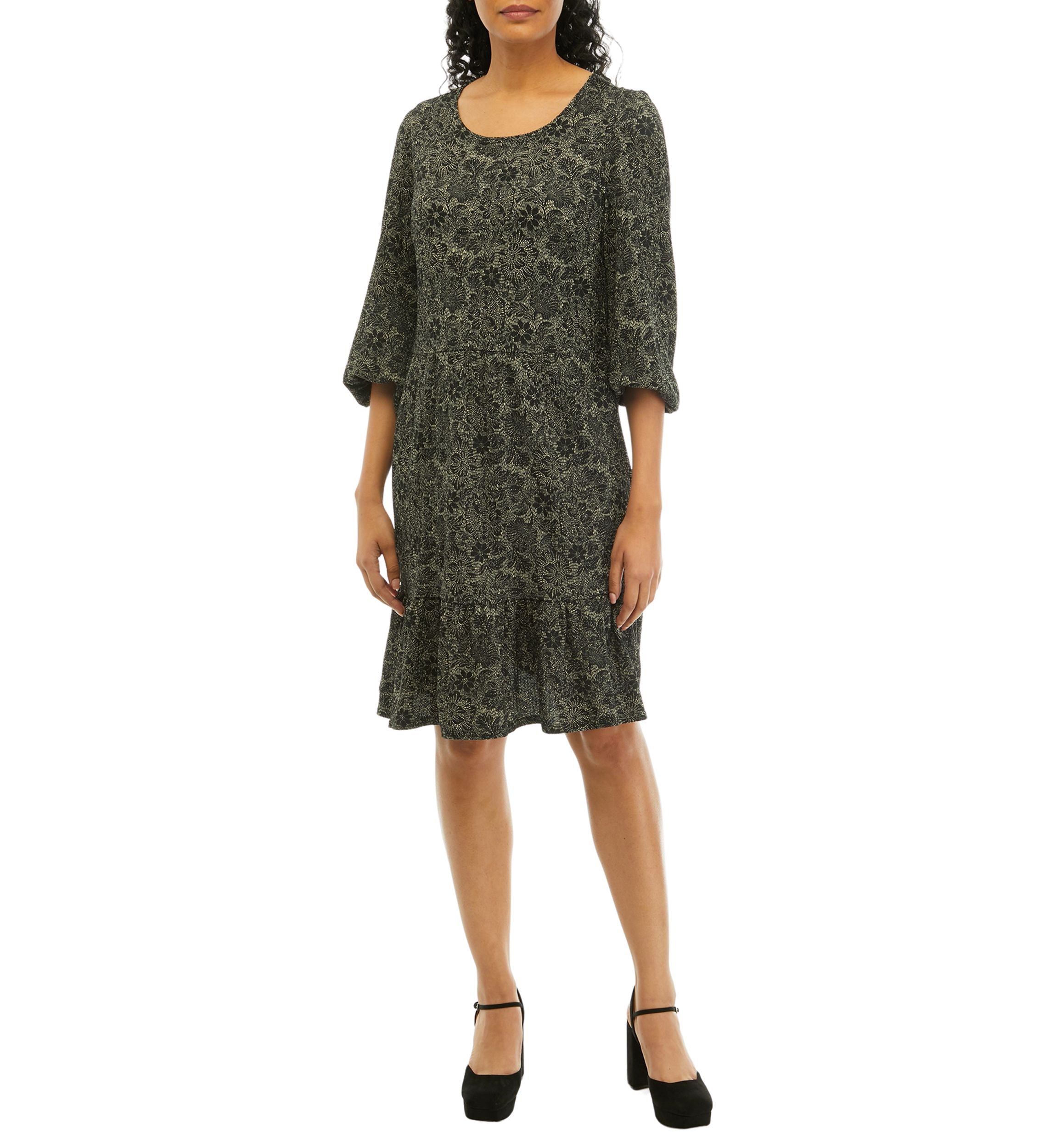 Womens 3/4 Sleeve Scoop Neck Floral Print Crepe Dress