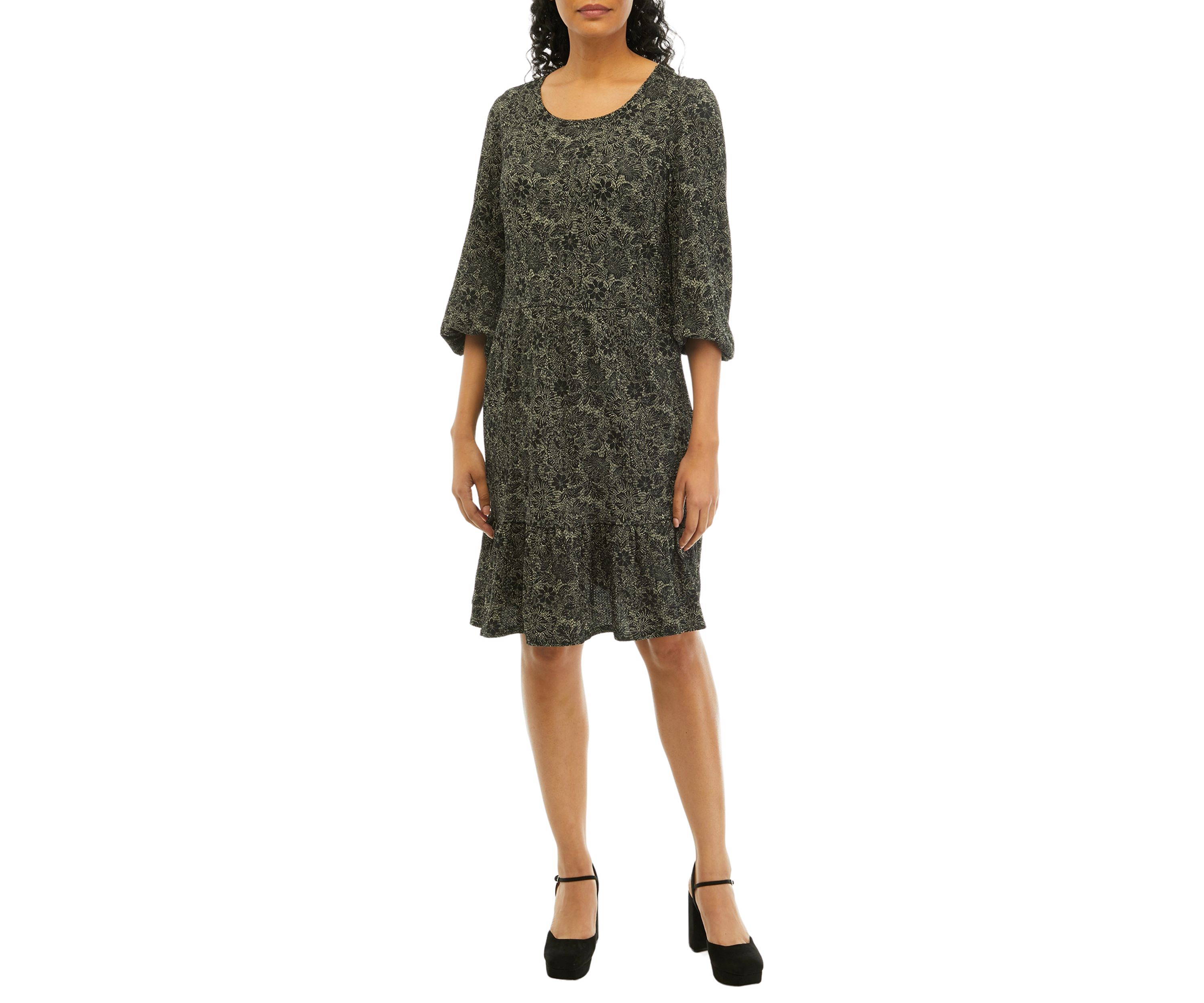 Womens 3/4 Sleeve Scoop Neck Floral Print Crepe Dress