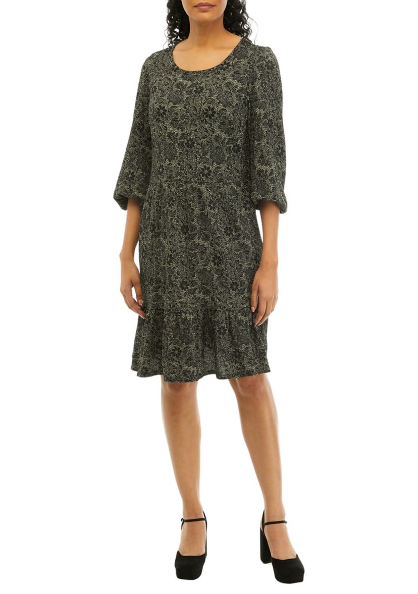 Womens 3/4 Sleeve Scoop Neck Floral Print Crepe Dress