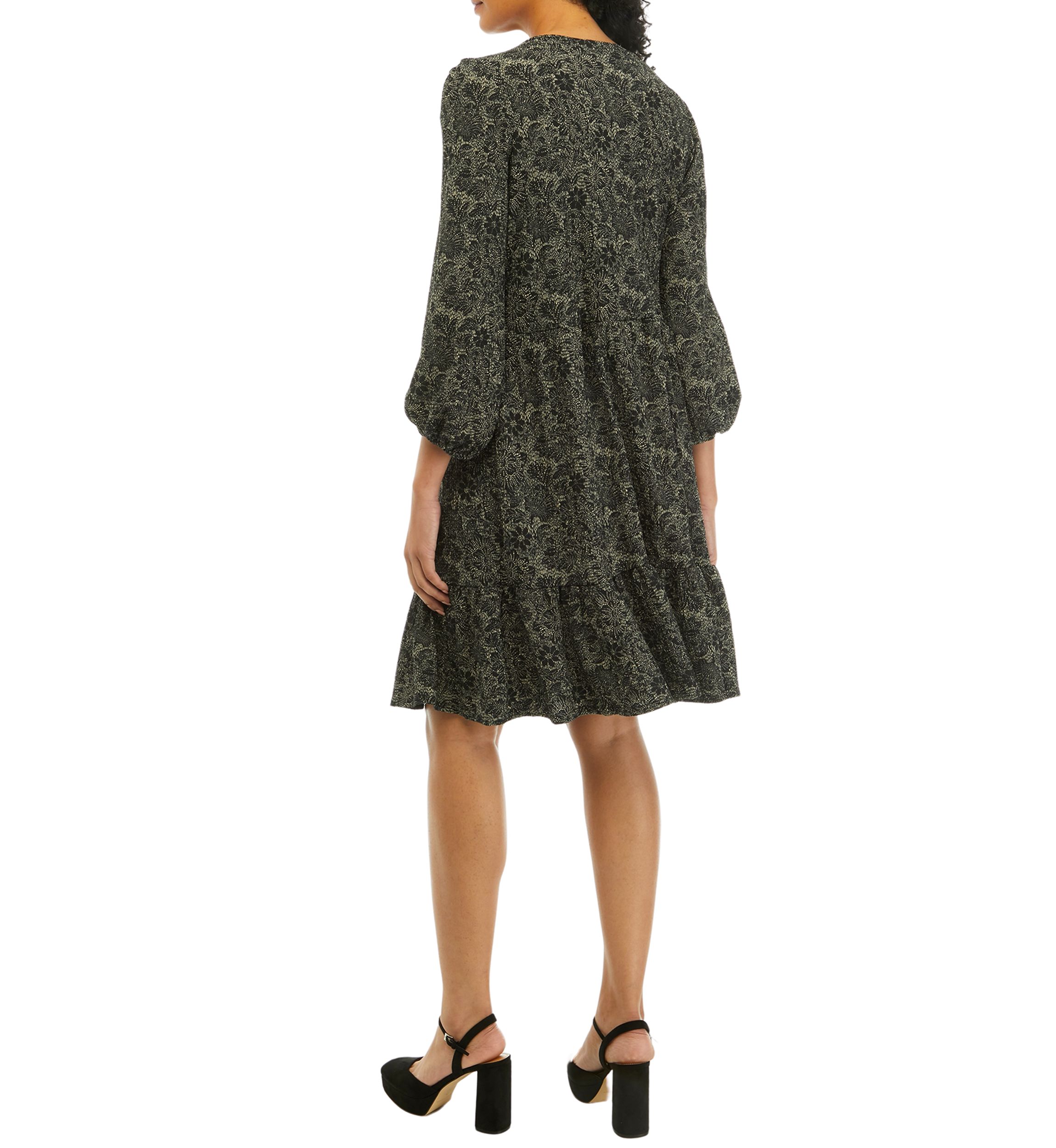 Womens 3/4 Sleeve Scoop Neck Floral Print Crepe Dress